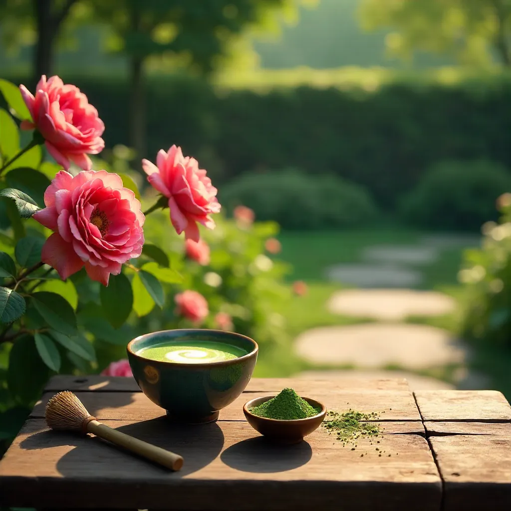 Garden Serenity: Matcha Tea and Pink Roses