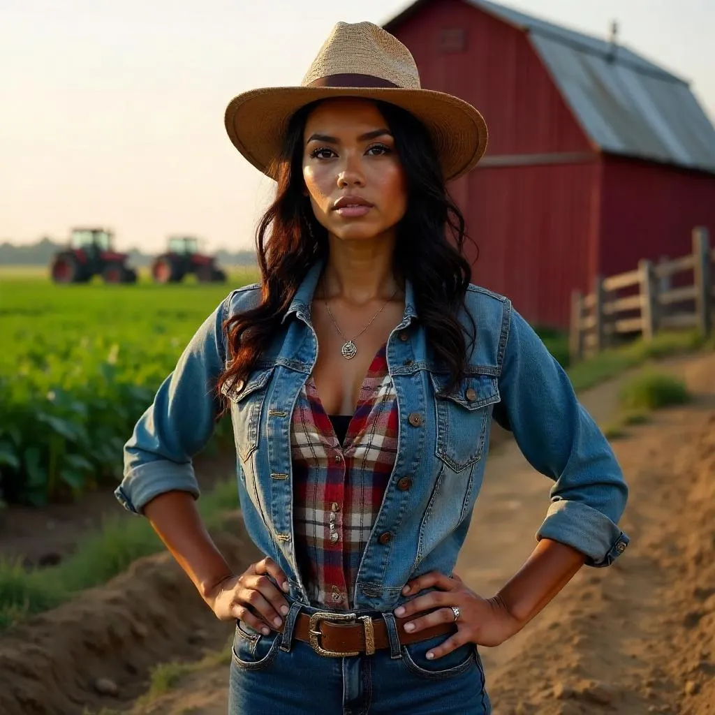 Confident Latina Farmer in a Photorealistic Farm Portrait
