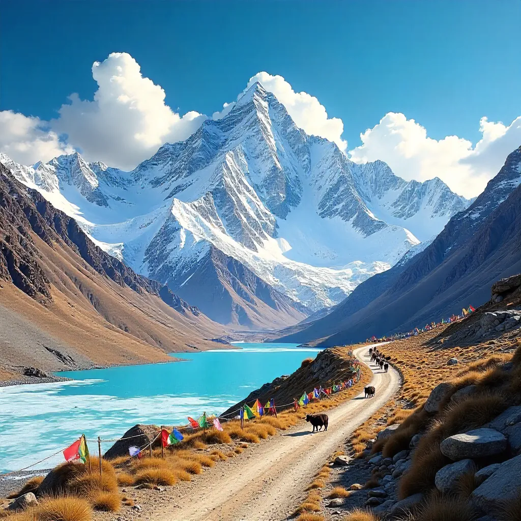 Snow-Capped Tibetan Peaks Under a Vibrant Blue Sky