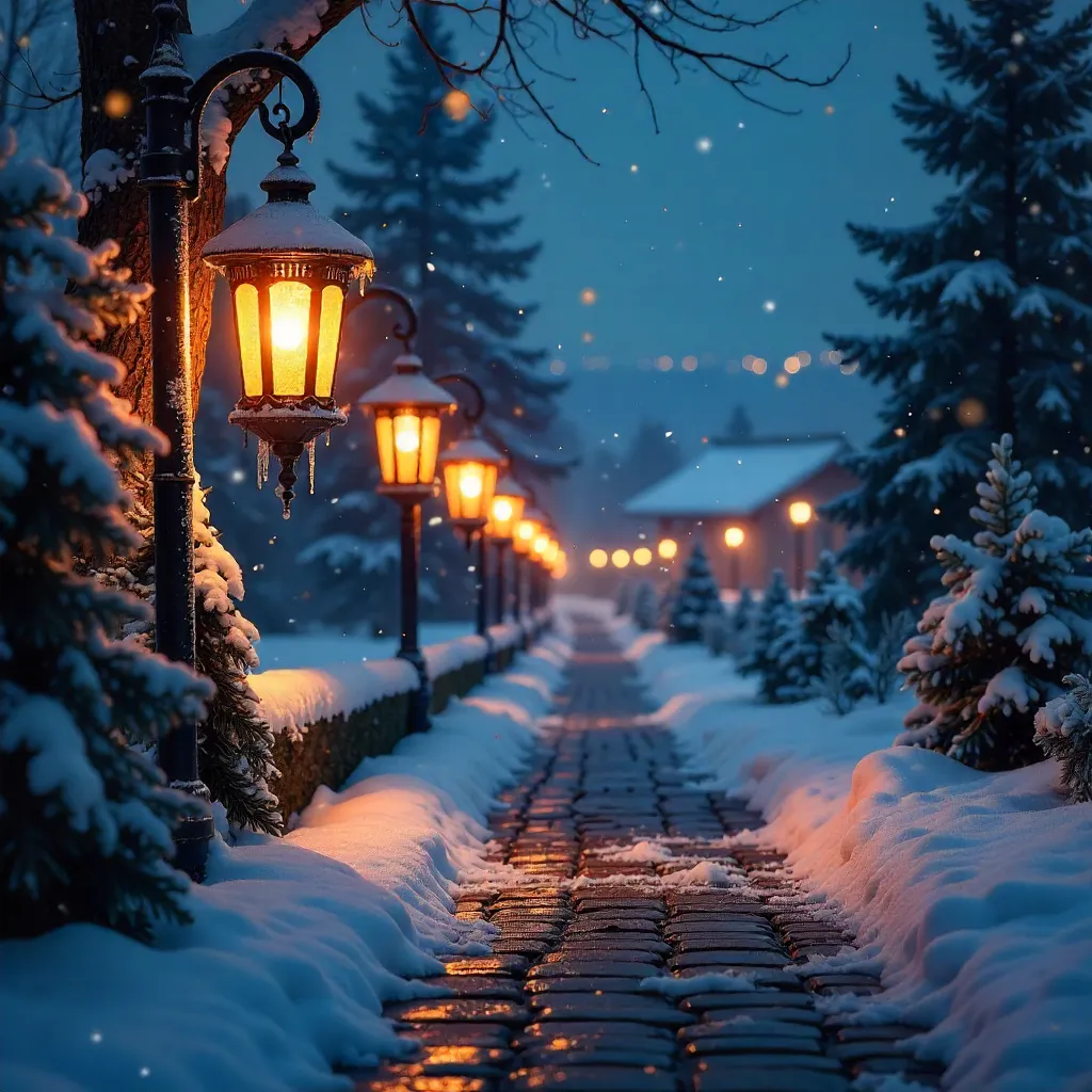Golden Lanterns Under Snowlit Winter Night