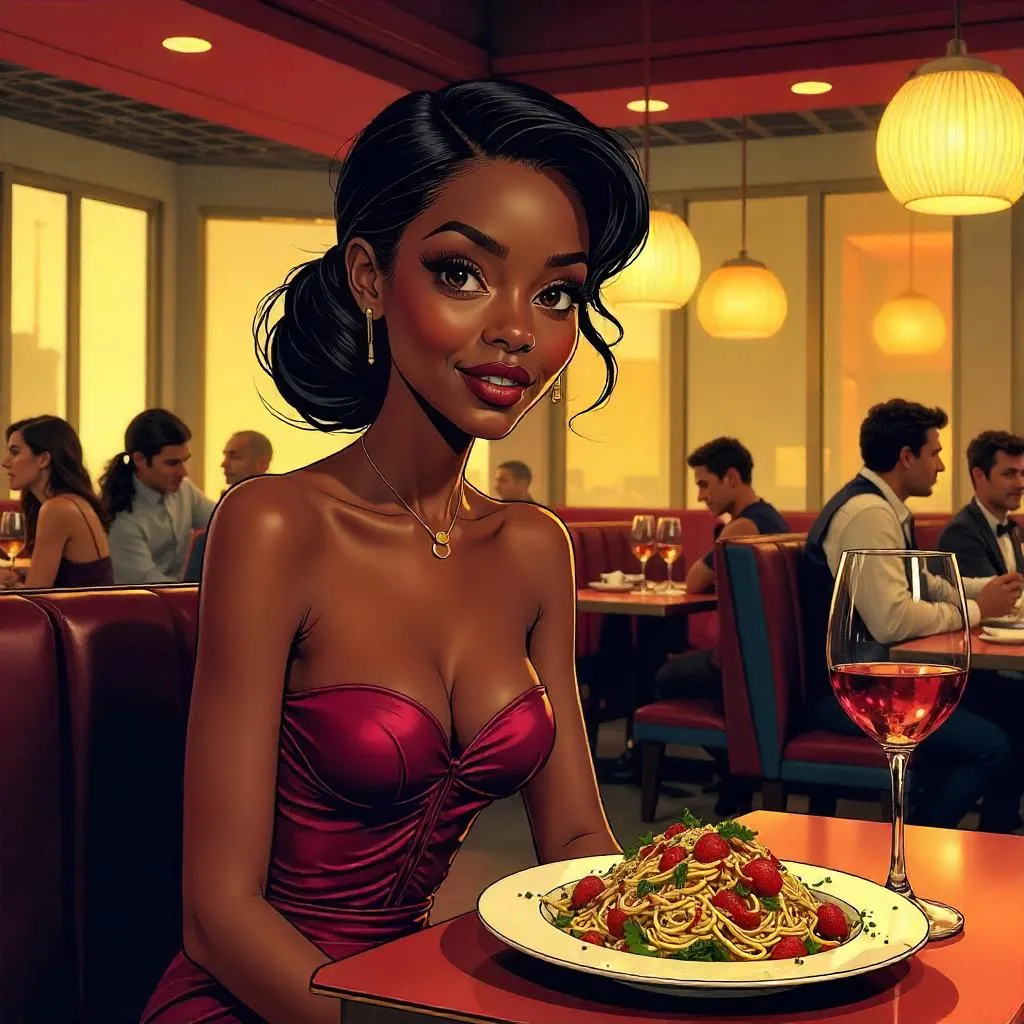 Elegant Black Girl in a Comic-Book Restaurant
