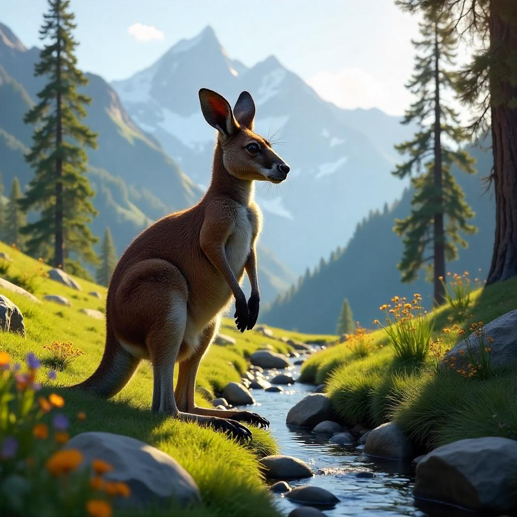 Photoreal Kangaroo in a Mountain Valley