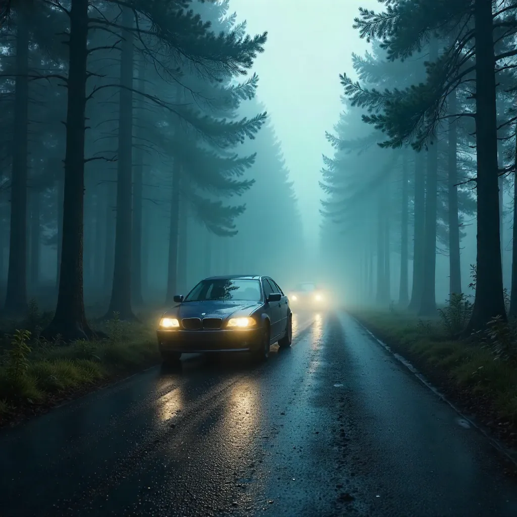 Car on a Foggy Forest Road in Misty Silence