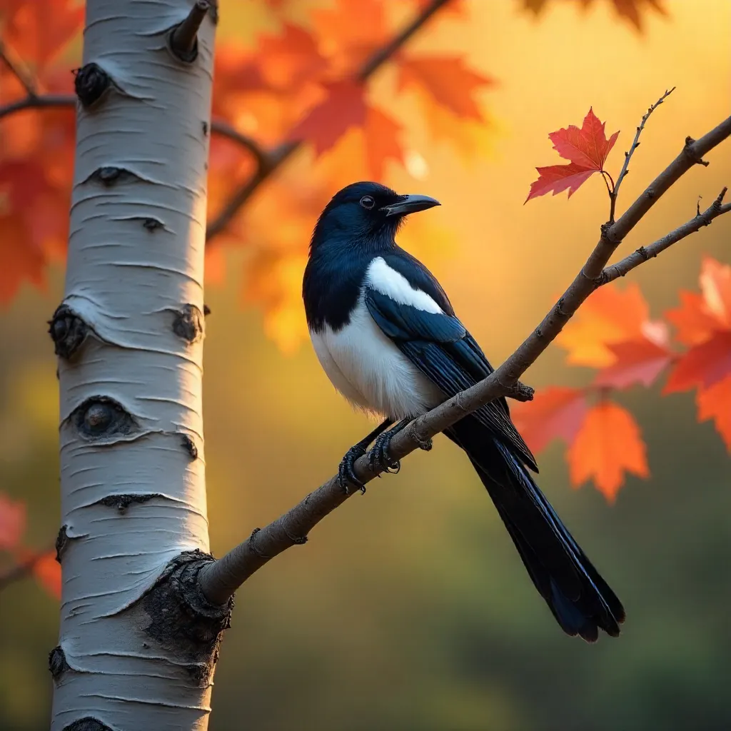 Magpie on Birch Branch in Autumn Foliage