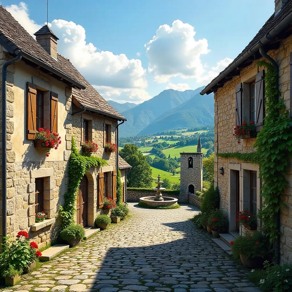 Rustic Stone Village Under a Blue Sky in Auvergne-Rhône-Alpes