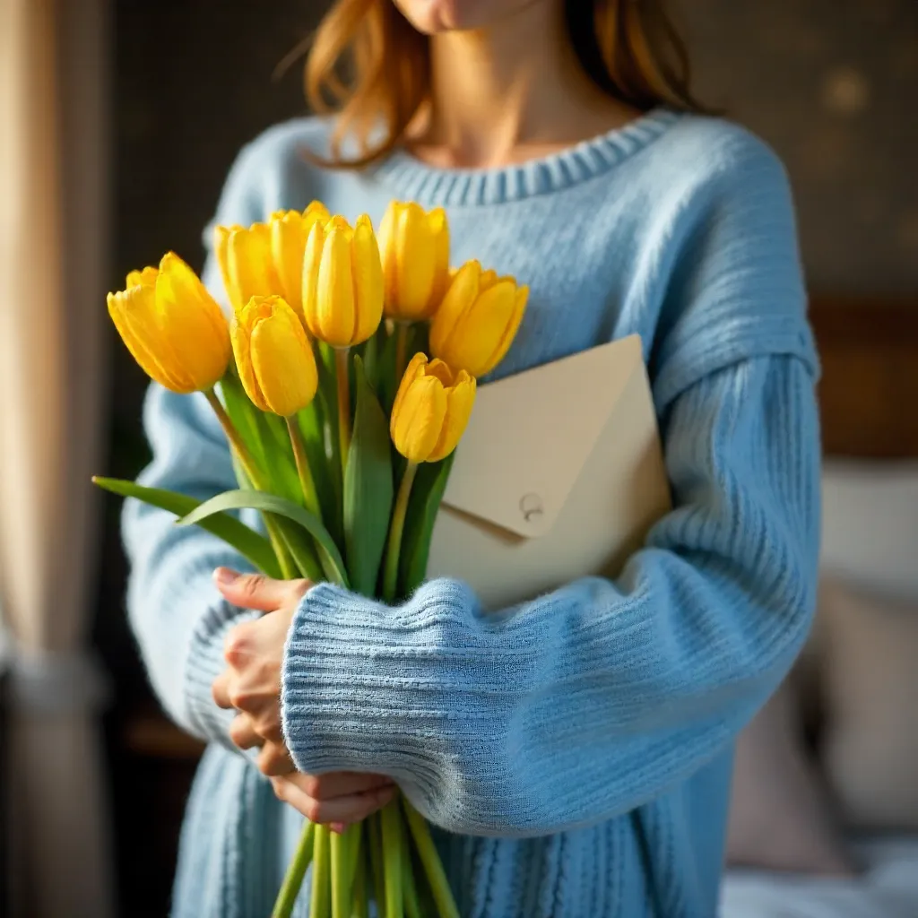 Cozy Blue Sweater with Tulips and a Letter