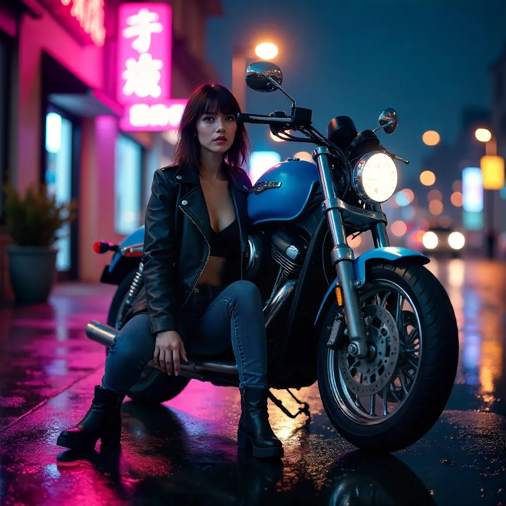 Night Ride: Stylish Woman by a Blue Motorcycle