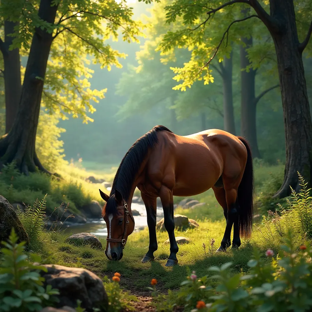 Brown Horse Grazing in a Serene Forest Clearing