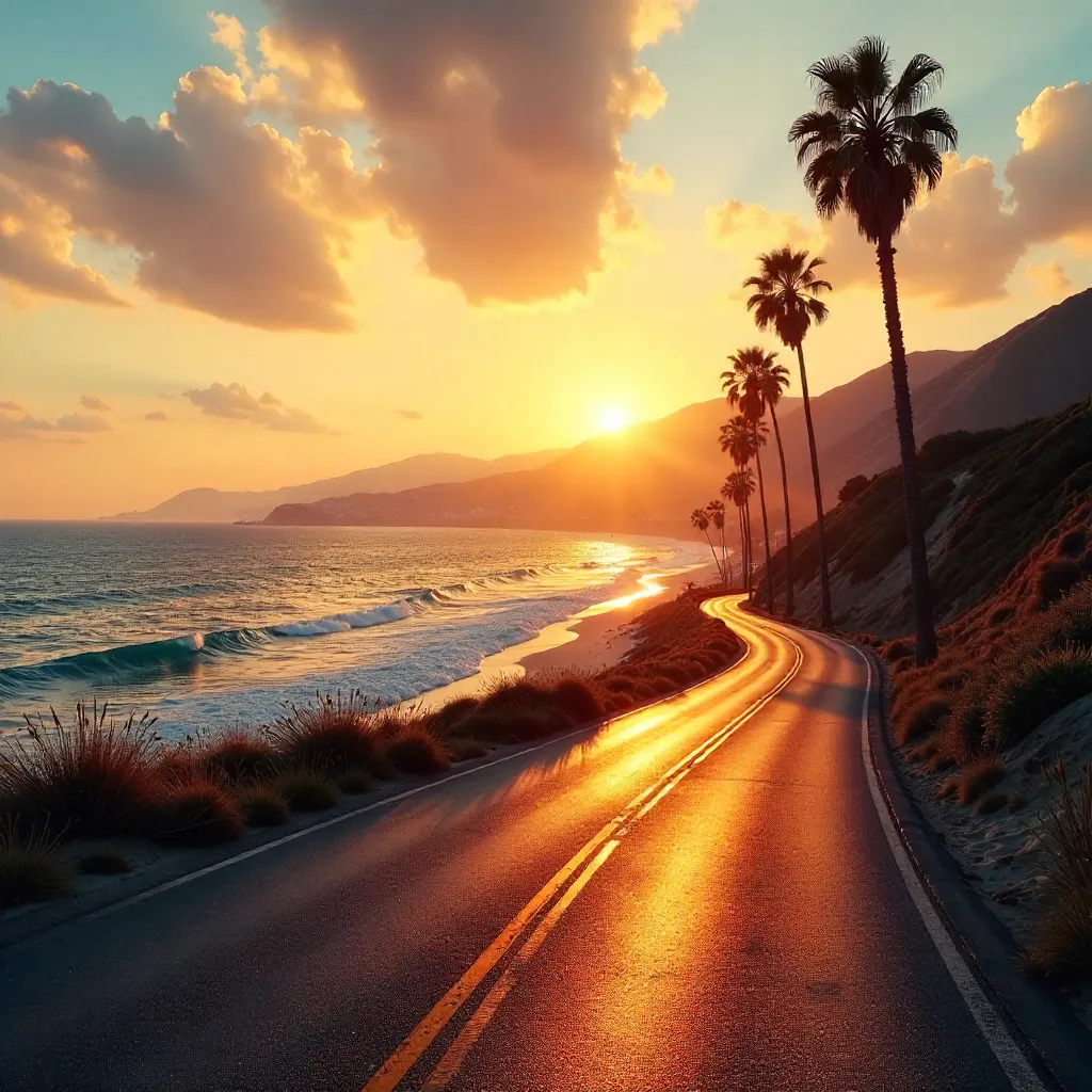 Golden Hour Coastal Drive Along Malibu Beach
