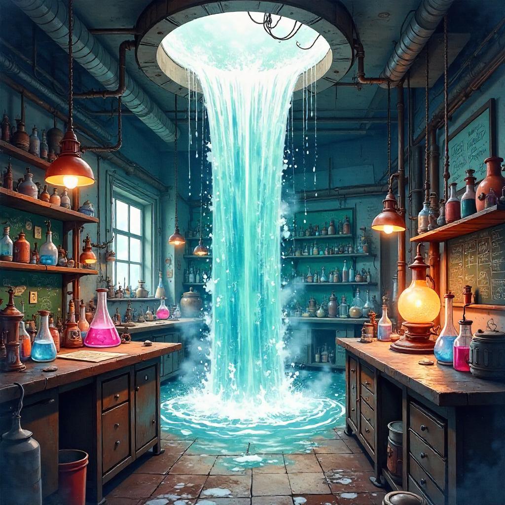 Waterfall in a Mad Scientist Lab - Watercolor Scene