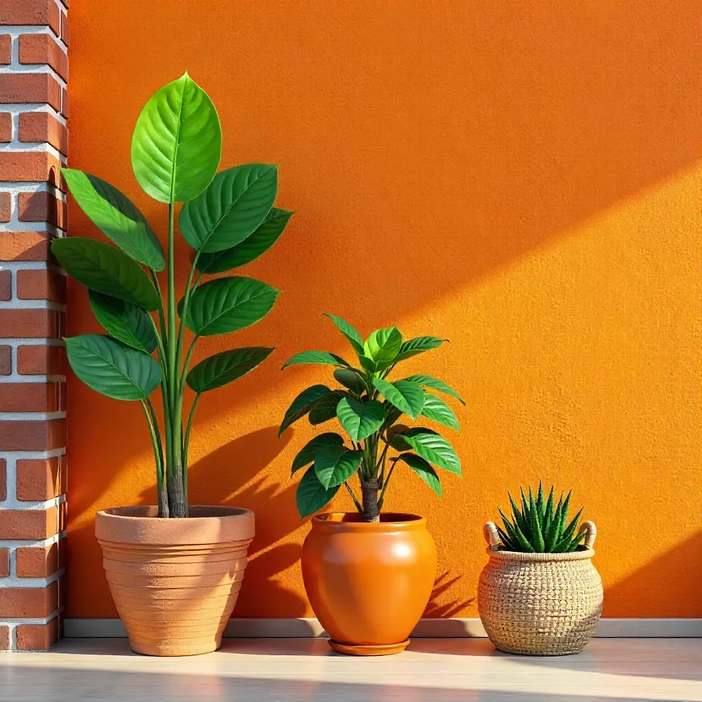 Three Potted Plants Against an Orange Bricked Wall
