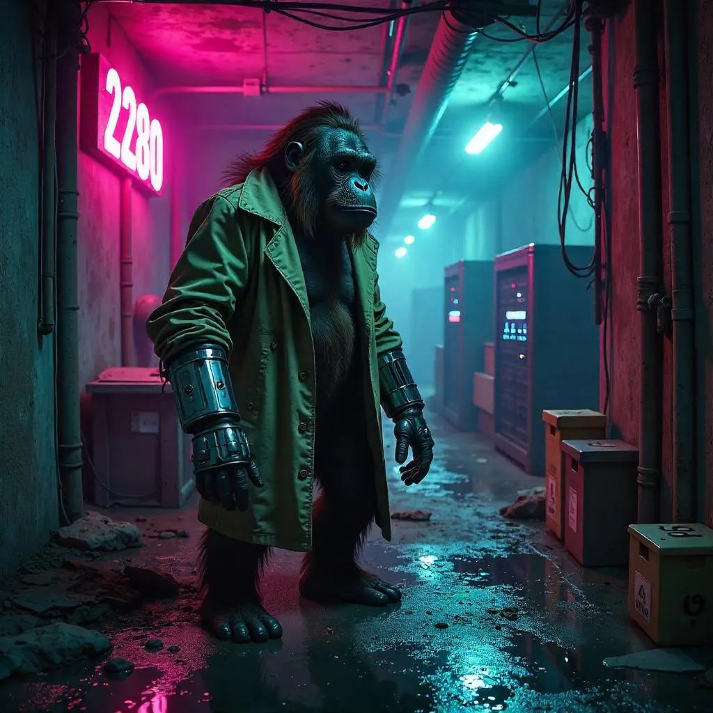 Cyberpunk Orangutan in a Neon Basement
