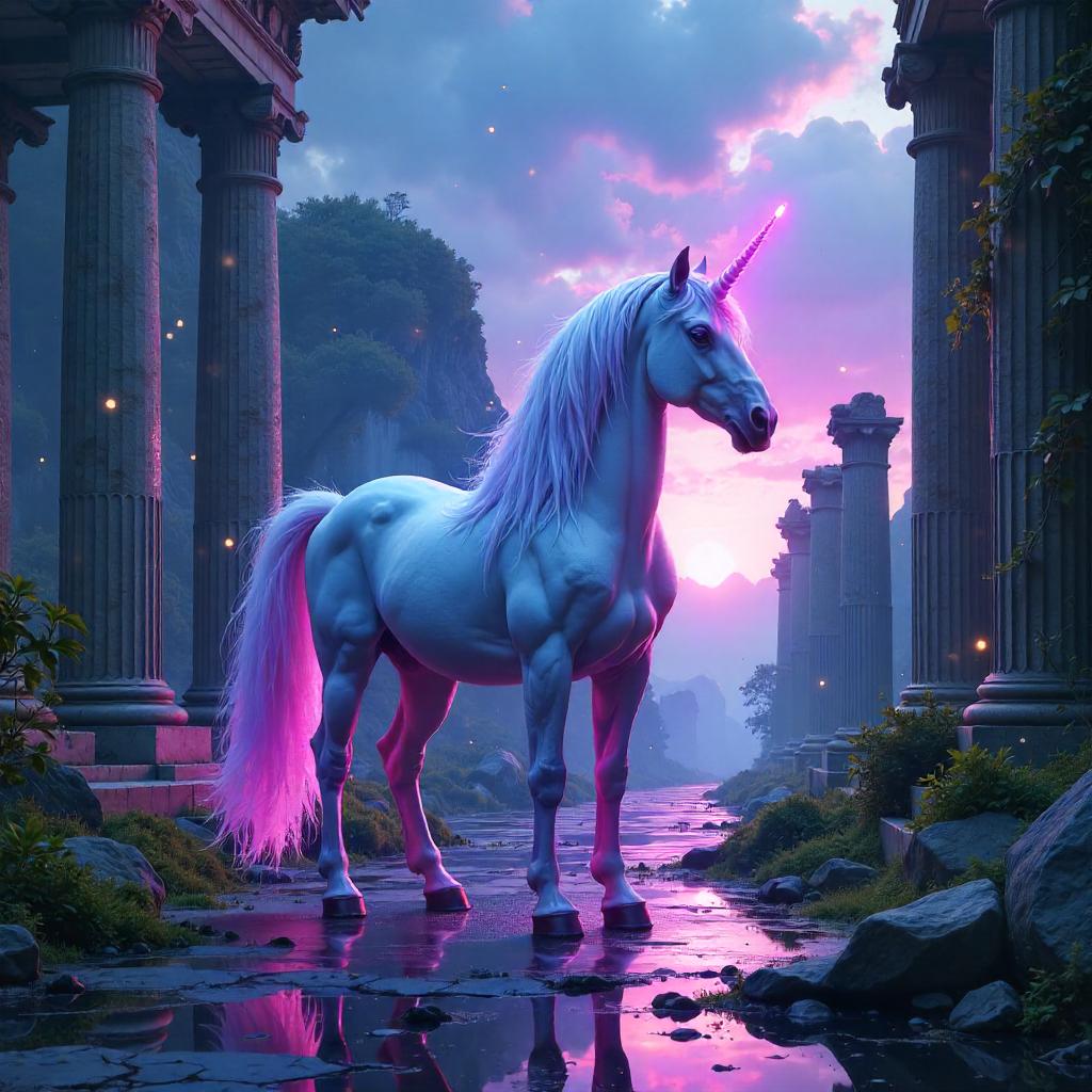 Unicorn Amid Ruins: A Surreal Digital Fantasy