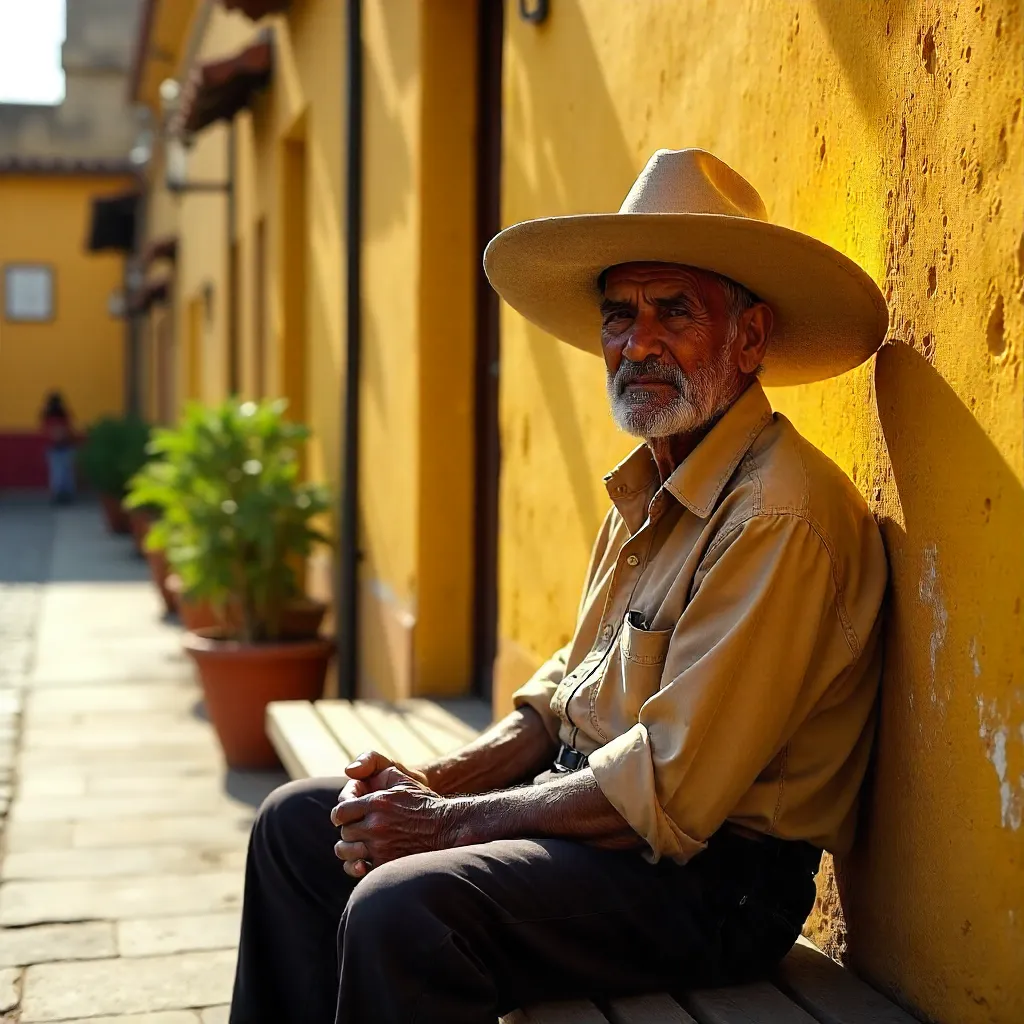 Senior Man in a Traditional Hat by a Yellow Puebla Wall