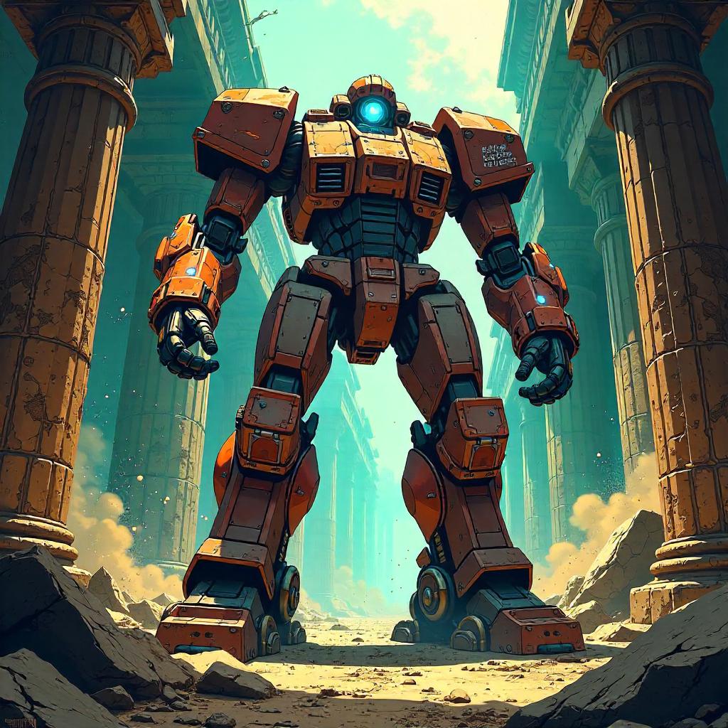 Mech Warrior in Temple Ruins (Comic Style)