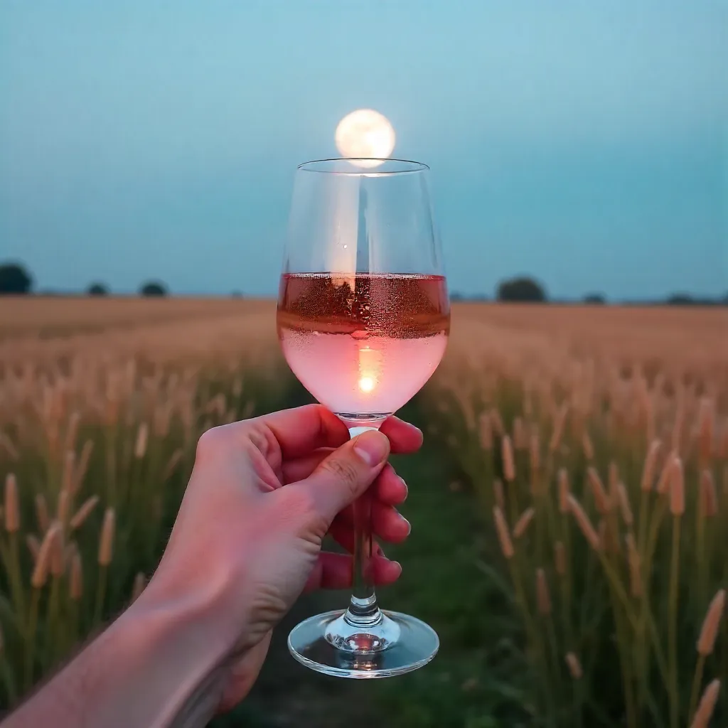 Moonlit Rosé in a Field Under a Visible Moon
