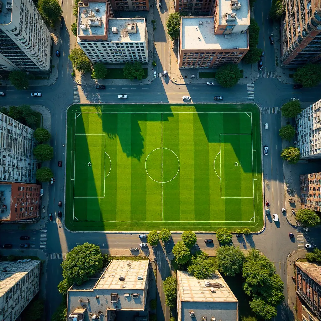 Aerial View: Urban Streets Surround Soccer Field