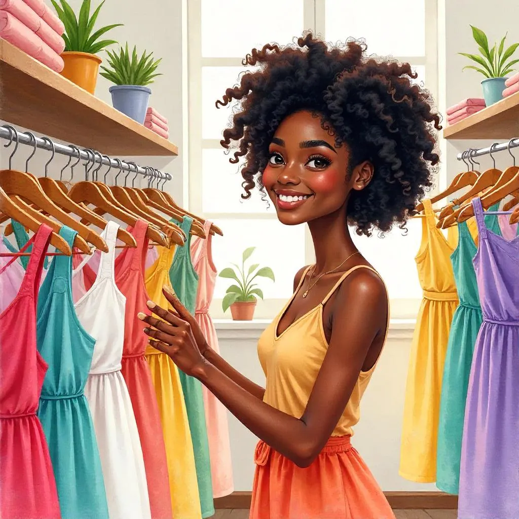 Cheerful Black Girl in a Watercolor Boutique