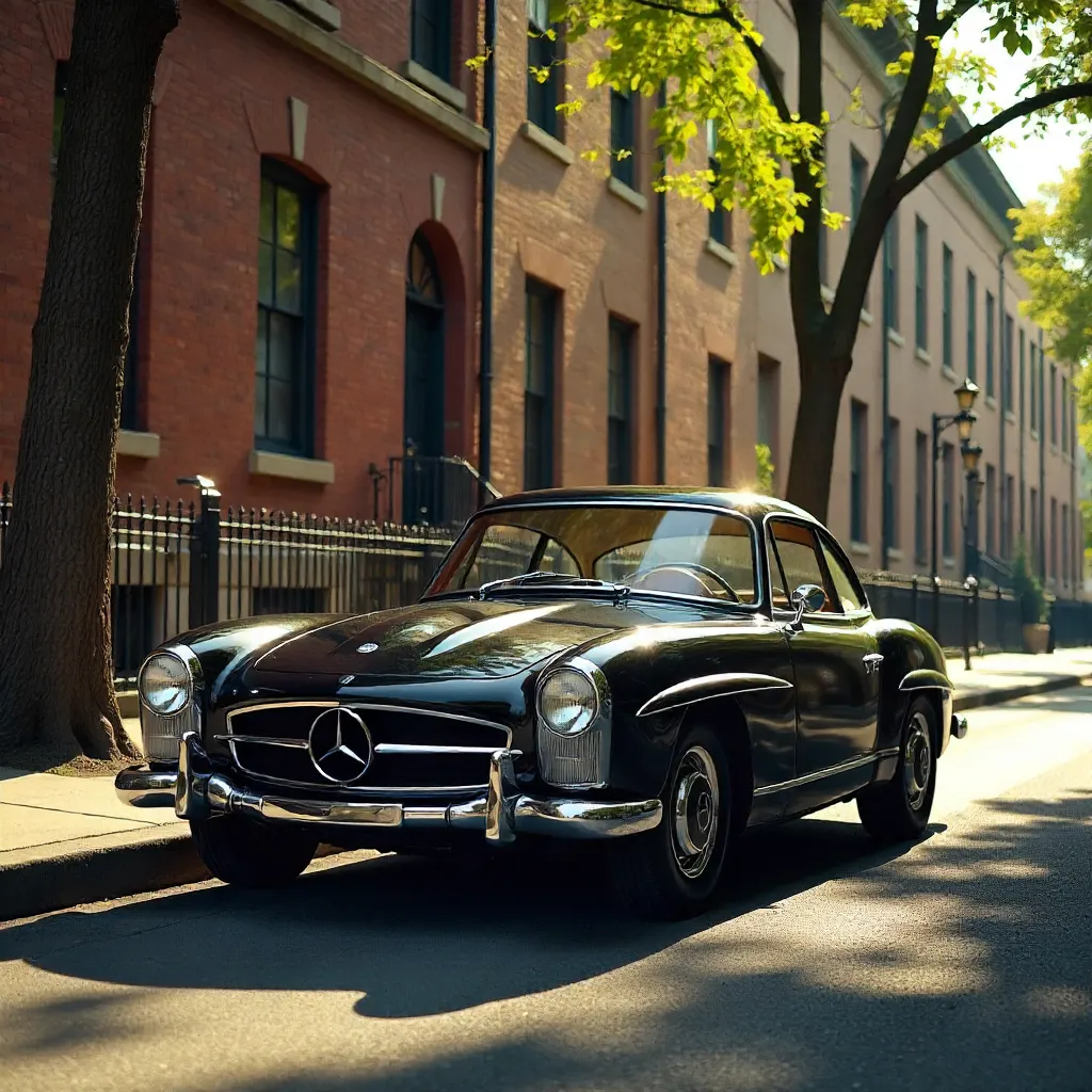 Sunlit Vintage Mercedes by a Tree-Lined Street