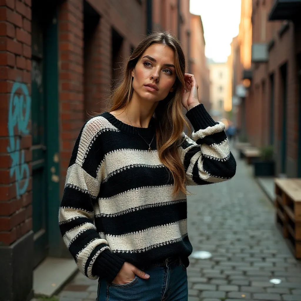 Thoughtful Woman in Striped Sweater in Rustic Urban Setting