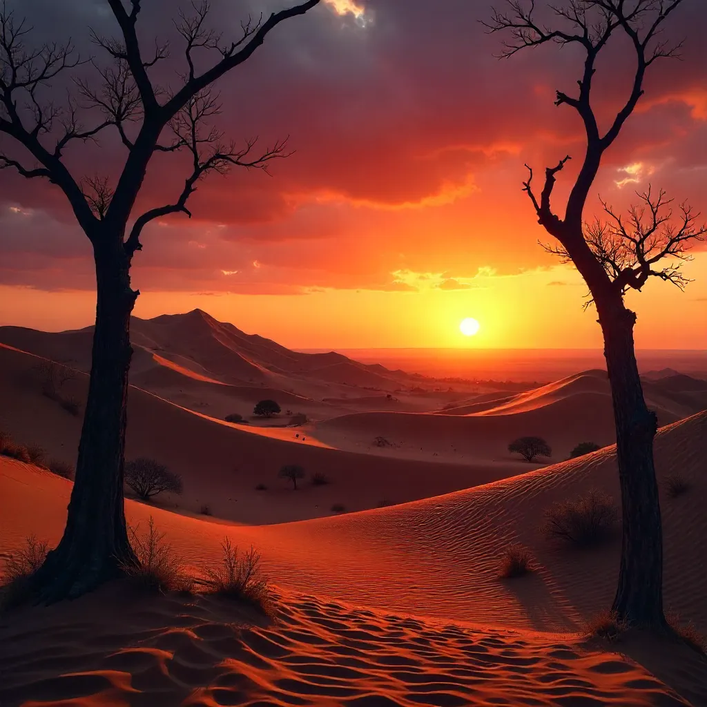Silhouetted Acacias over Namib Desert at Sunset