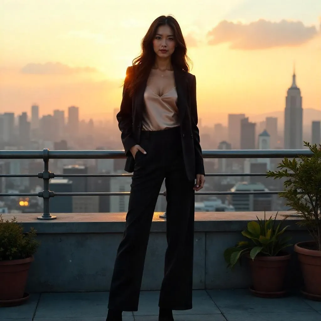 Rooftop Chic: Photoreal Asian Woman