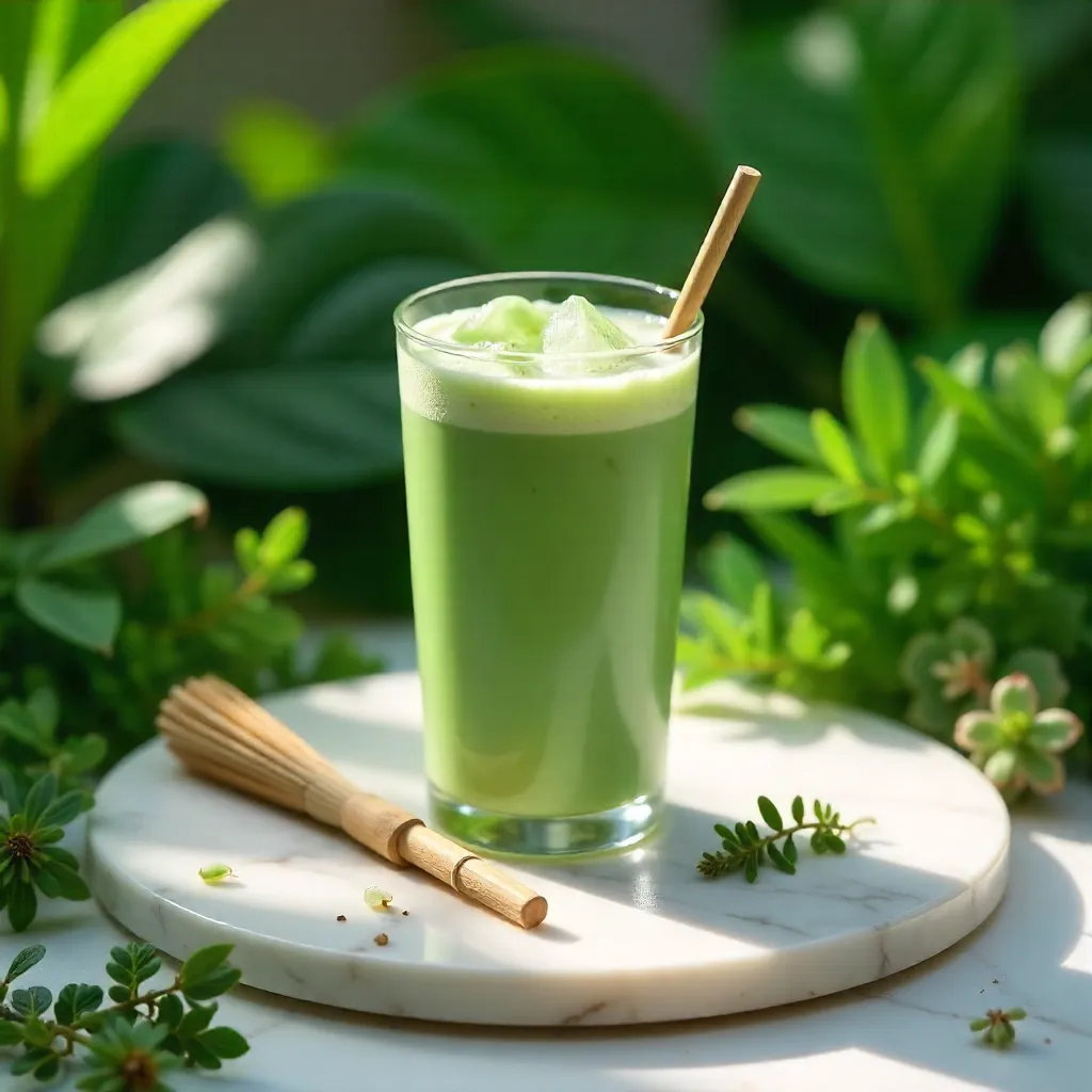 Refreshing Iced Matcha Latte on Marble Slab with Bamboo Whisk