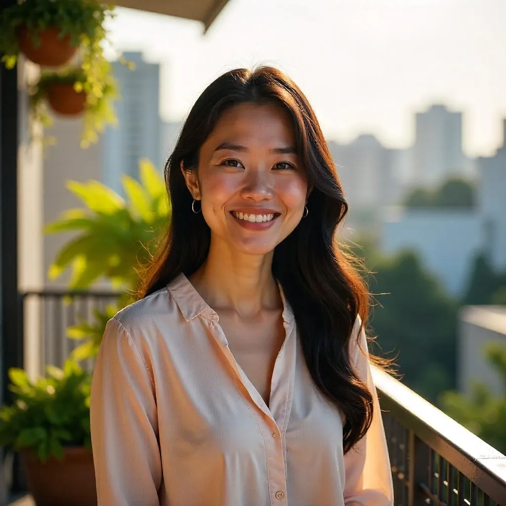 Sunny Balcony Smile: Photorealistic Asian Woman