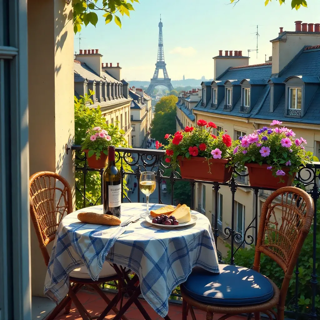 Sunny Parisian Balcony: Wine, Snacks, and Flowers