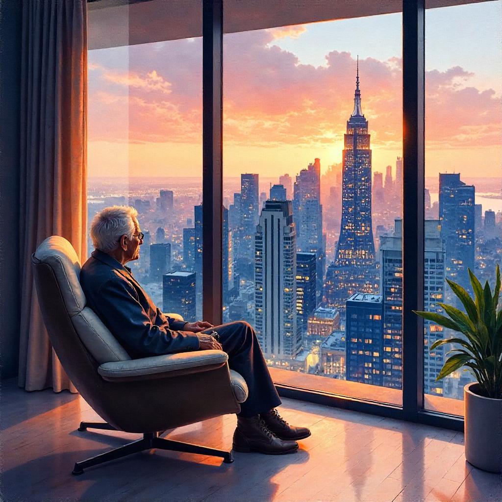 Watercolor Penthouse Reverie: The Elderly Observer