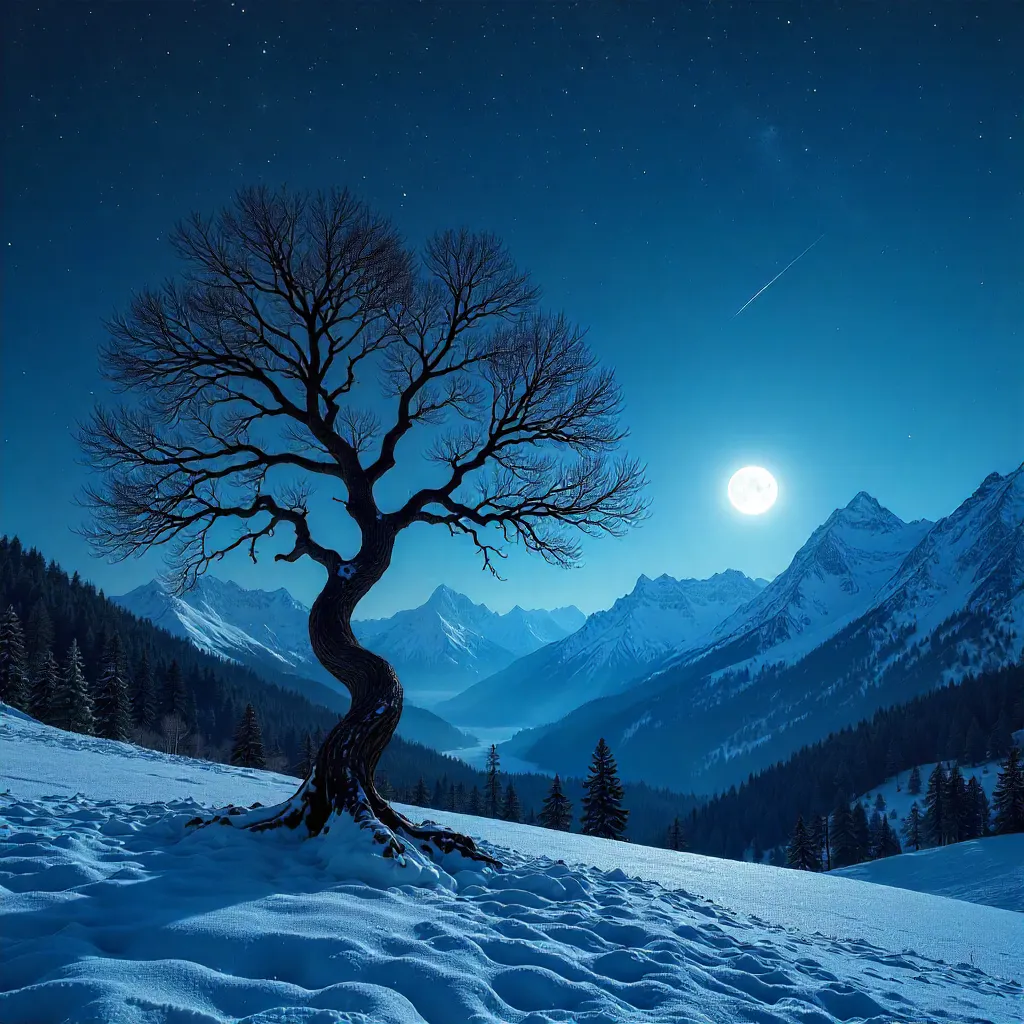 Leafless Tree Silhouette in a Starry Alpine Night