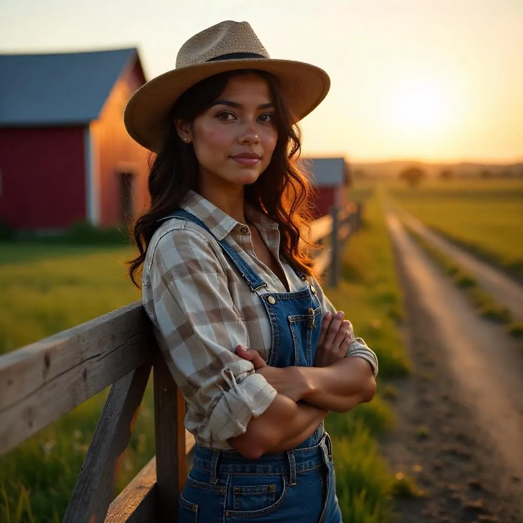 Photorealistic Latina on a Sunlit Rural Farm