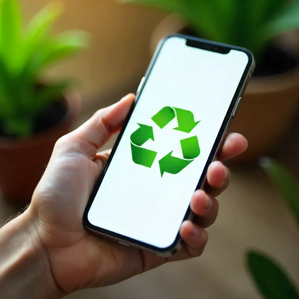 Close-Up: Hand with Smartphone Displaying Recycling Symbol