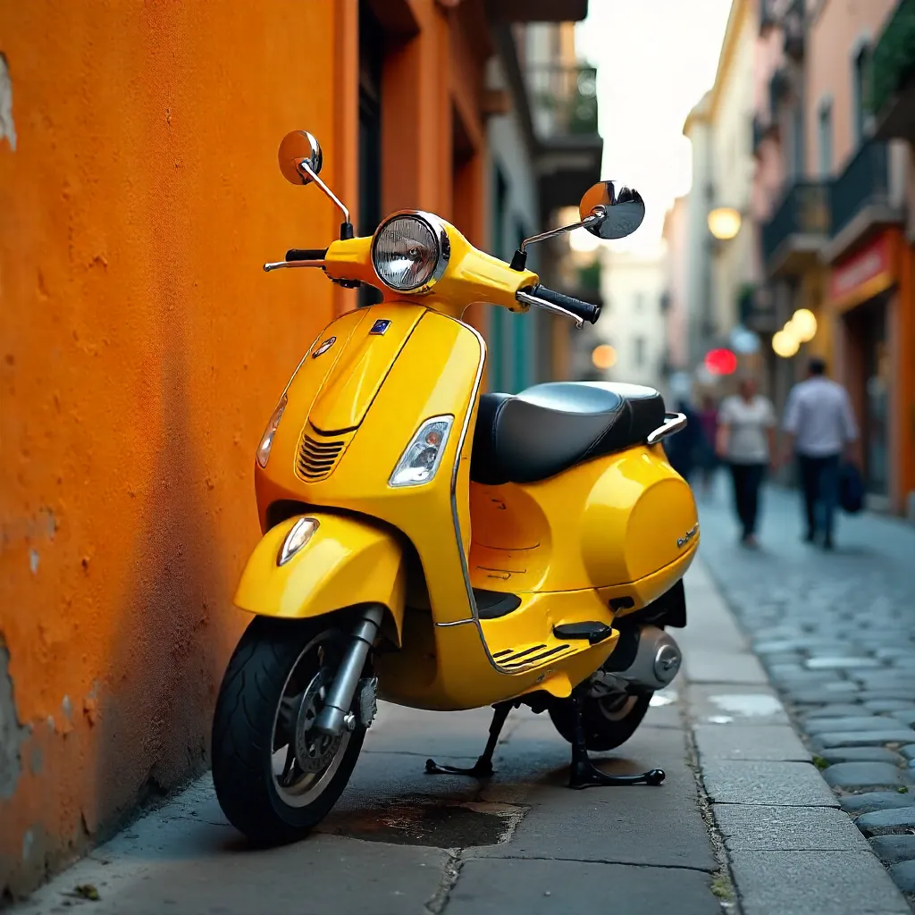 Yellow Scooter by a Vivid Orange City Wall