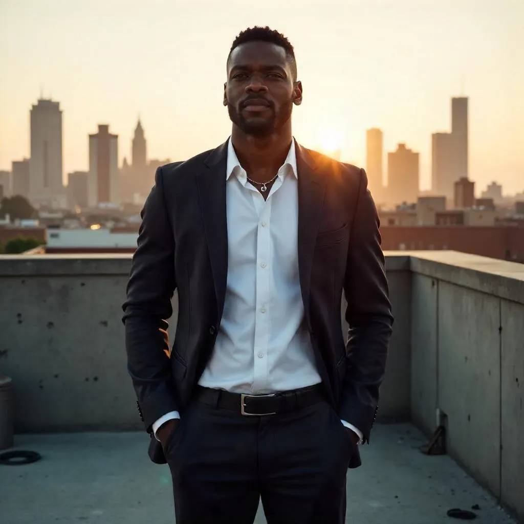 Confident Black Man on a Rooftop, Photorealistic