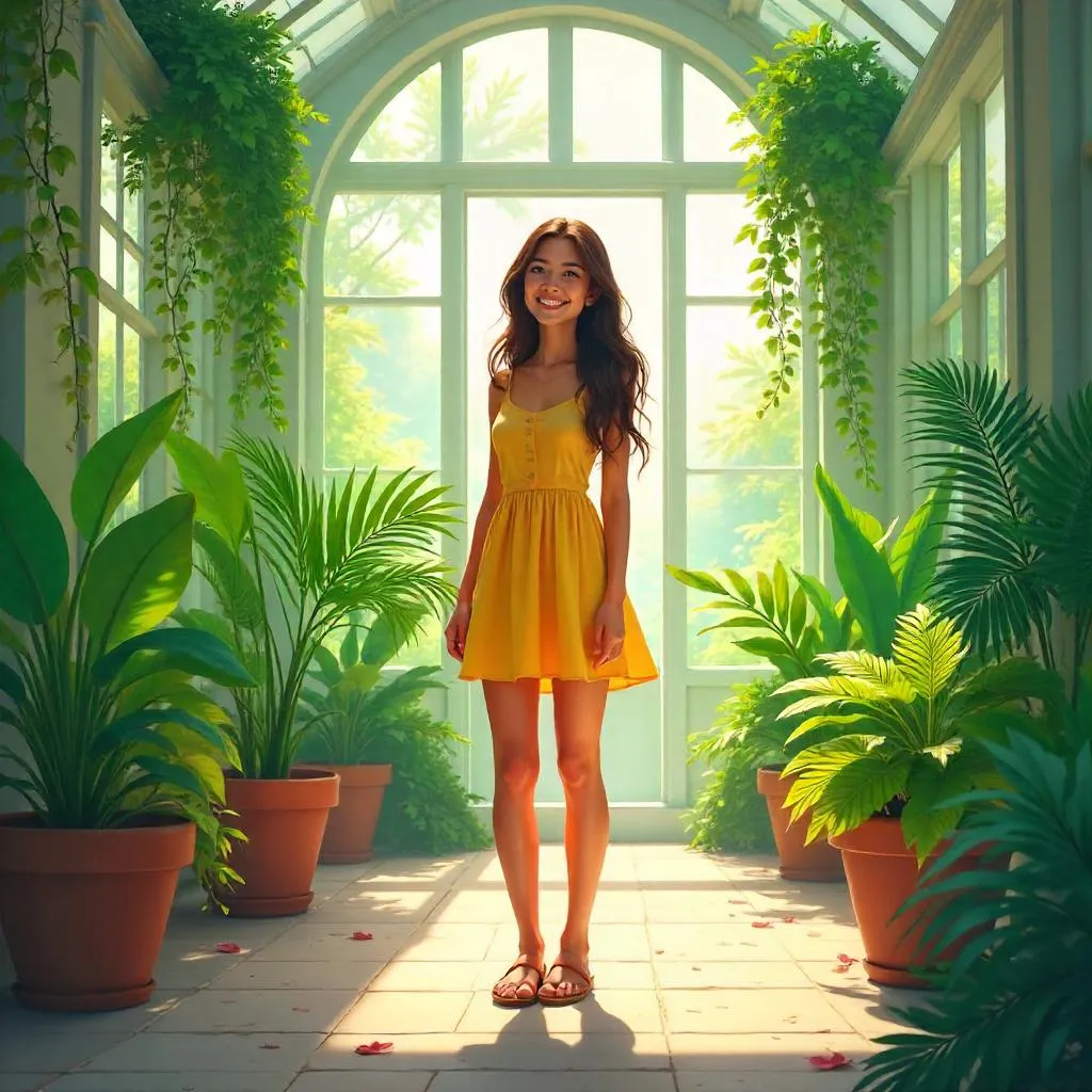 Cheerful Young Woman in a Conservatory