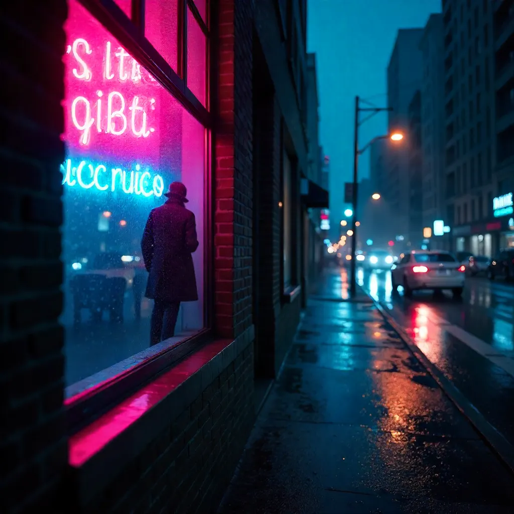 Moody Neon Night: Lone Figure in a Window