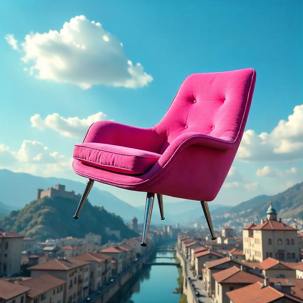 Skybound Pink Chair Over Tbilisi, Aerial POV
