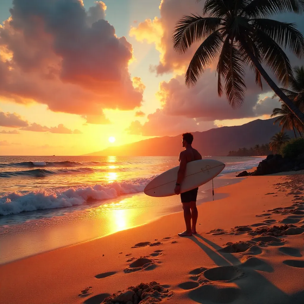 Lone Surfer at Sunset on a Hawaiian Beach