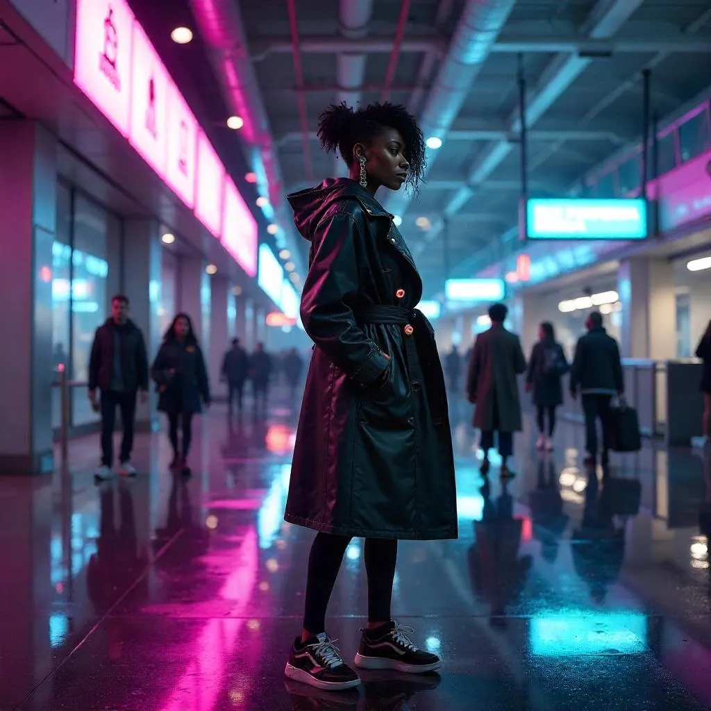 Neon Terminal: Cyberpunk Airport Portrait