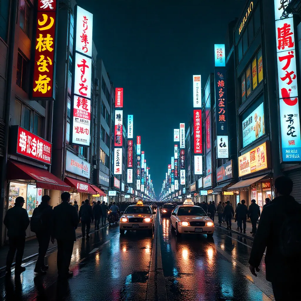 Neon Akihabara Night Rush: Crowds, Billboards, and Bikes