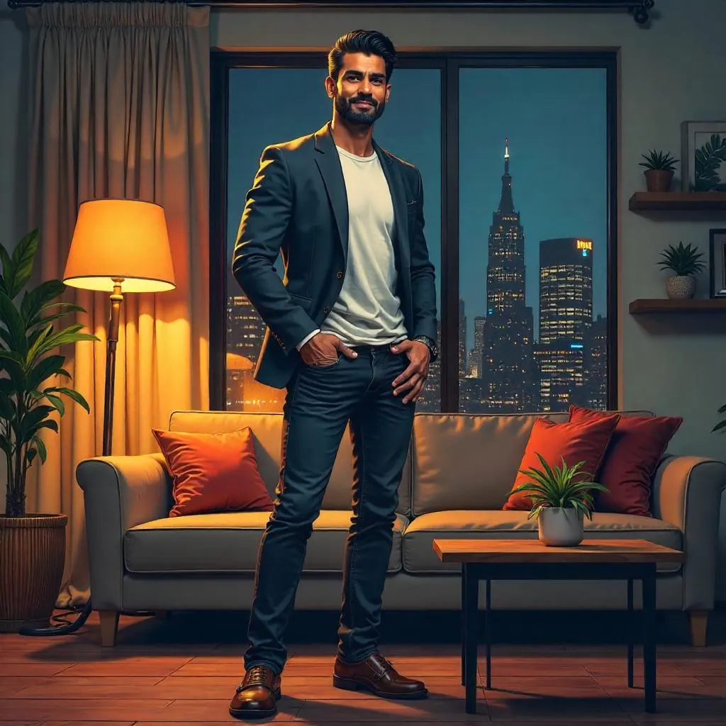 Handsome Indian Man in a Cozy Comic-Book Home Scene