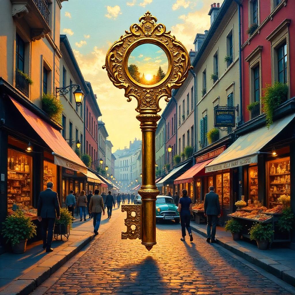 Dimensional key over a busy street in oil