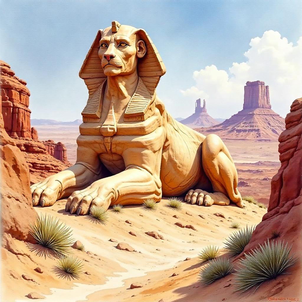 Watercolor Sphinx in the Badlands