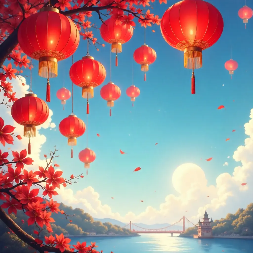 Red Chinese Lanterns Floating Against a Clear Blue Sky
