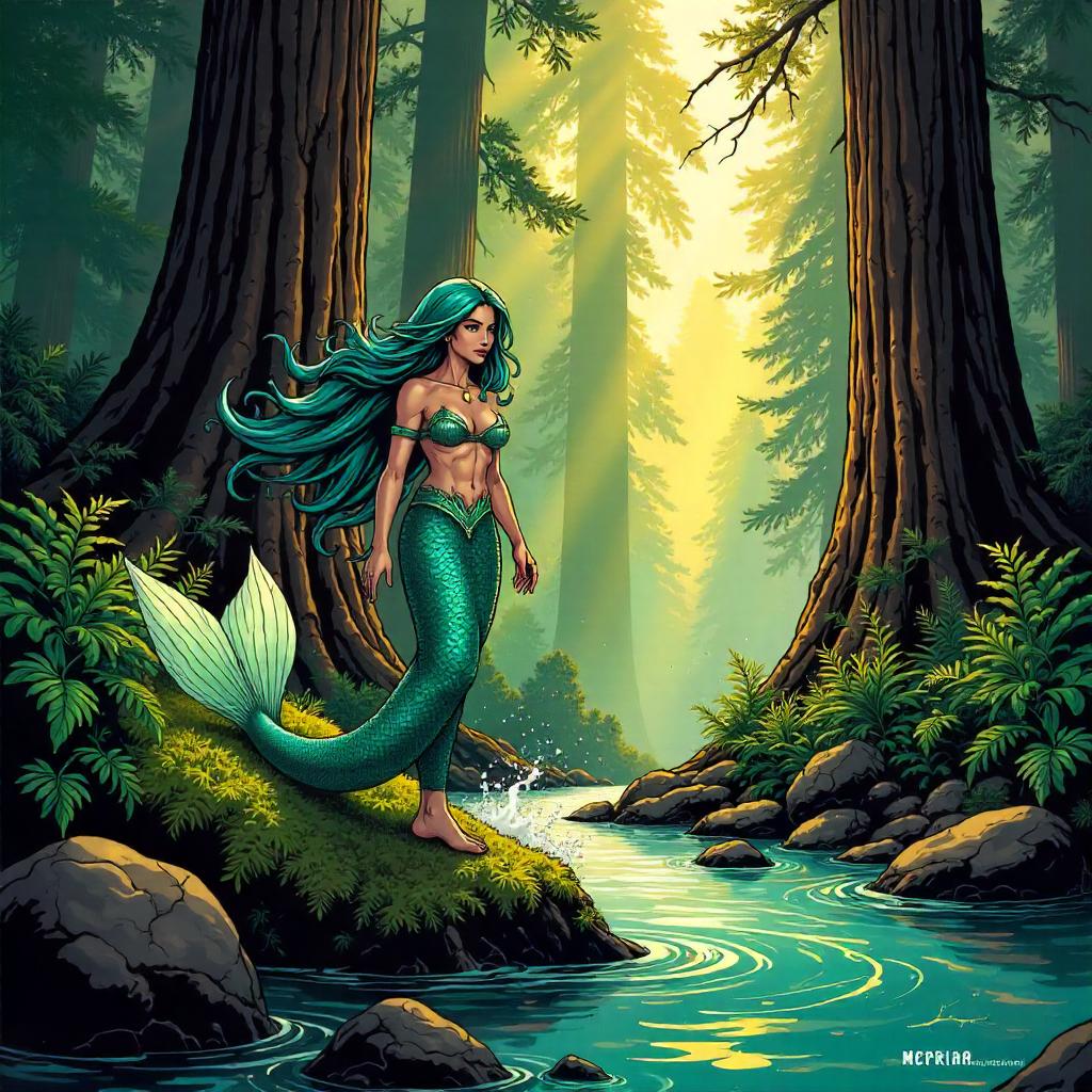 Mermaid in Redwood Forest: Comic Book Scene