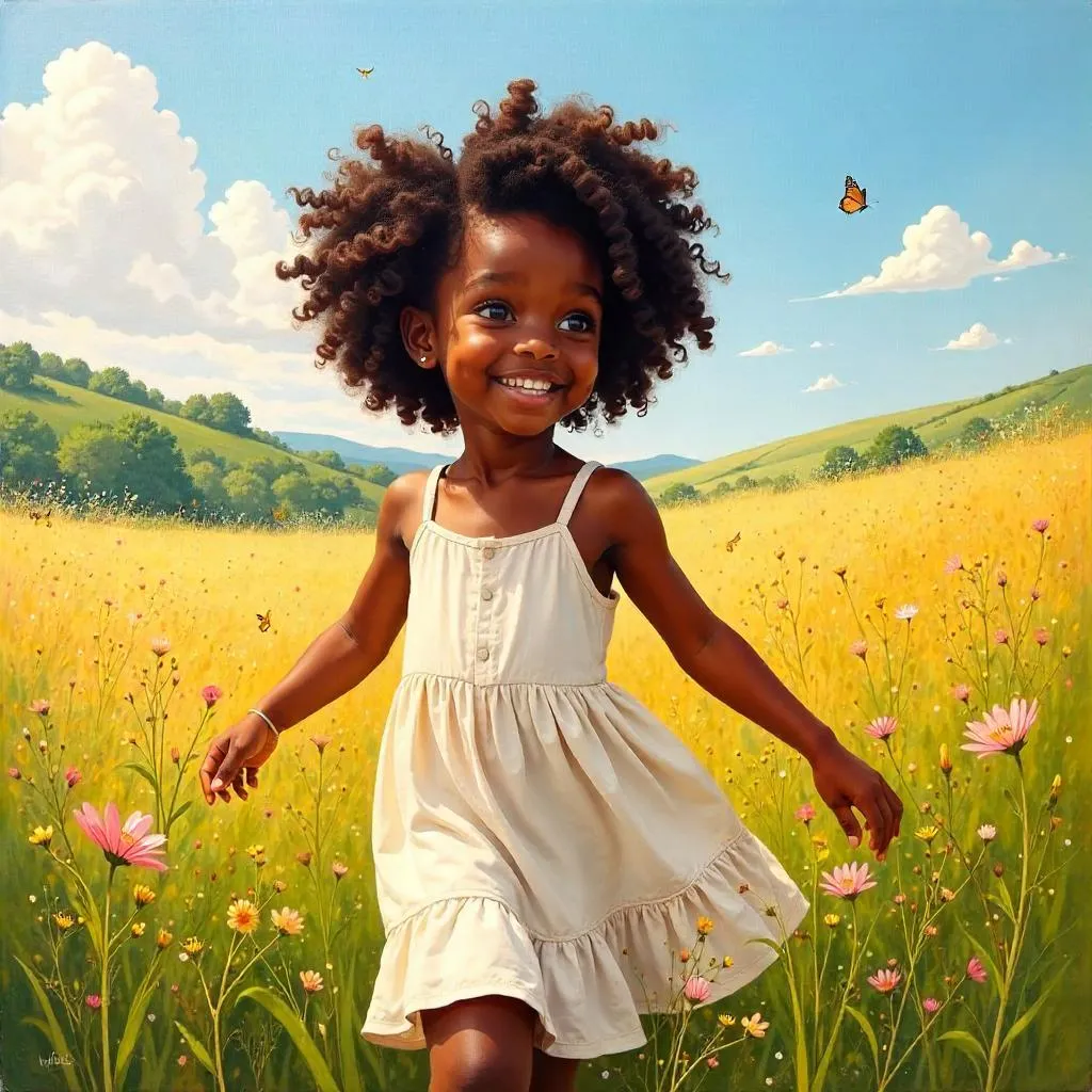 Cheerful Black Girl in a Sunlit Meadow