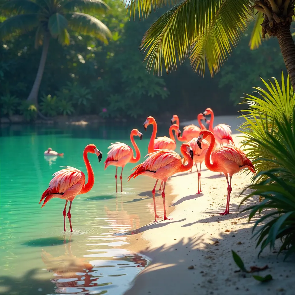 Flamingos Rest Under Bright Sun with Vivid Plumage