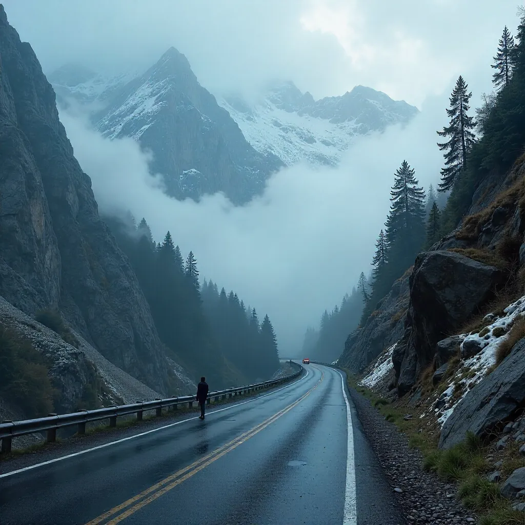 Misty Mountain Road: A Moody Alpine Scene