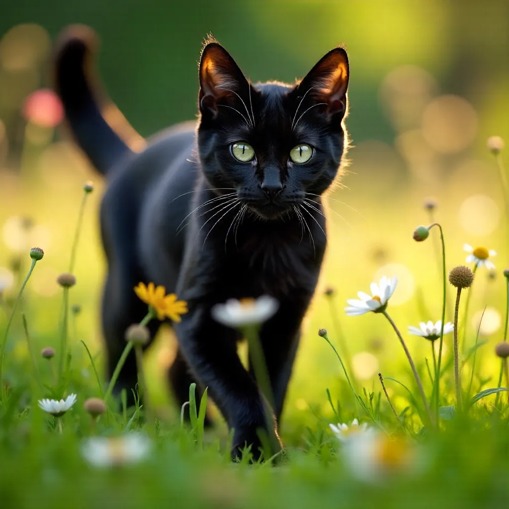Elegant Black Cat in a Sunlit Wildflower Meadow